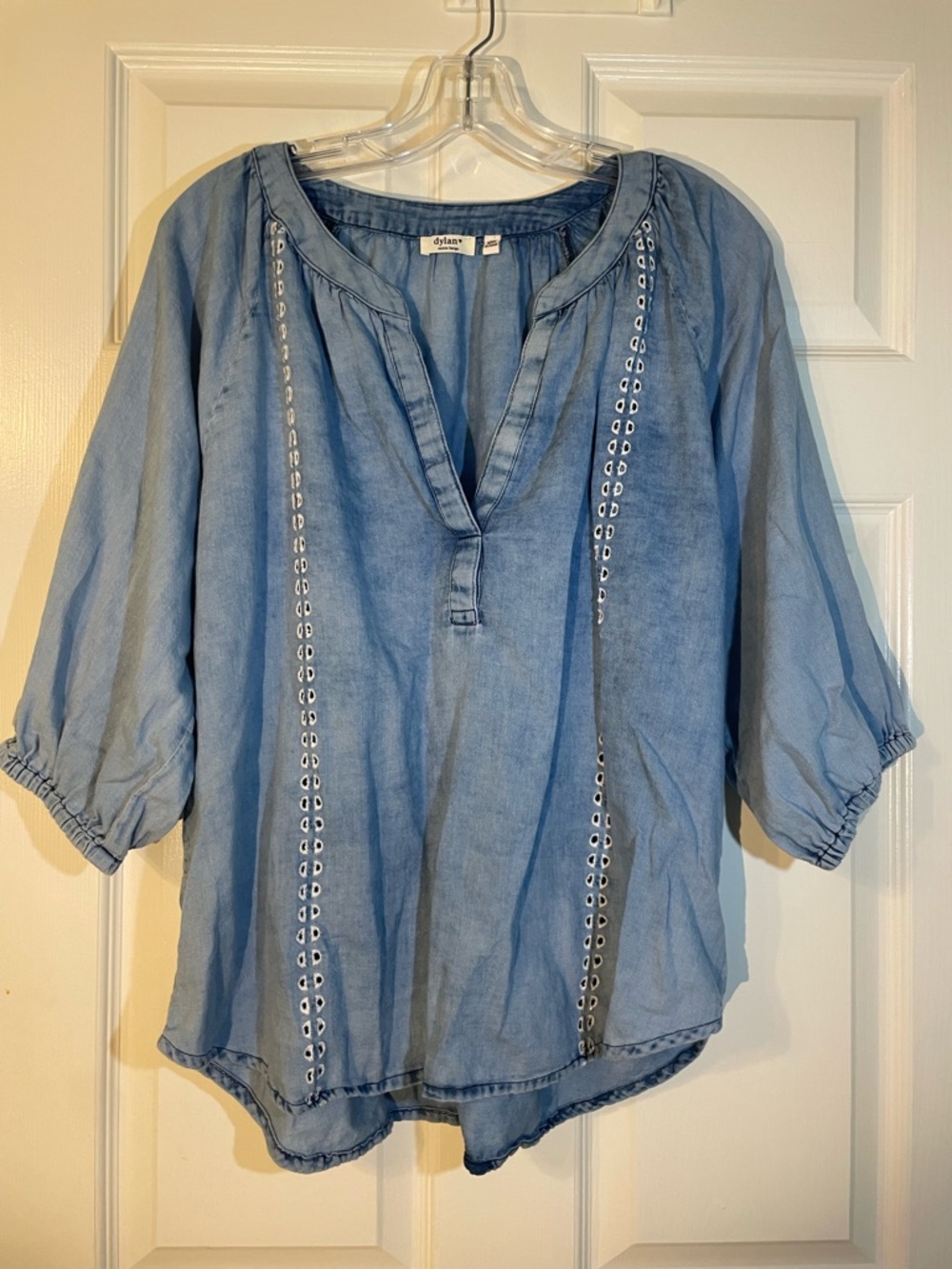 Sundance Light Blue Eyelet-Trim Peasant Blouse
